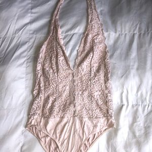 Beige Lace halter low cut bodysuit